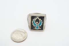 Vintage Ring Silver Tone Eagle Crushed Turquoise Coral Size 11.75 Mens