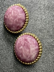 Vintage 1.1” Purple Enameled Cabochon Gold Tone Metal Round Earrings
