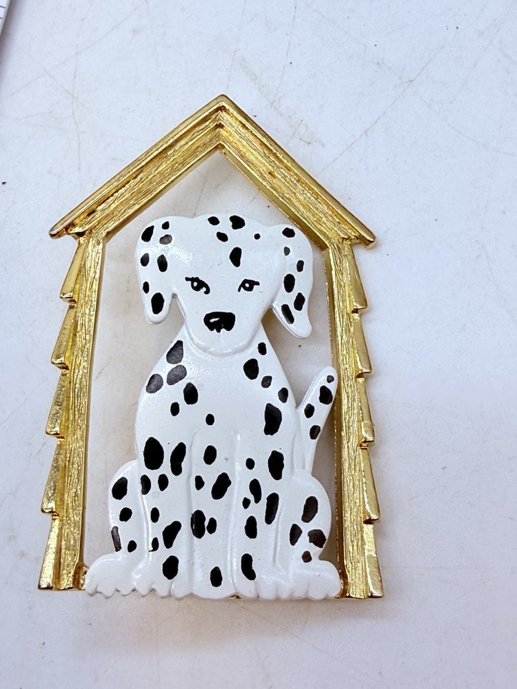 Vintage JJ Dalmatian Dog In House Brooch Pin Spotted Black White Puppy Gold Tone