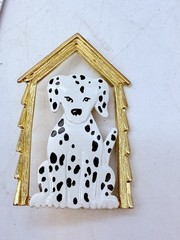 Vintage JJ Dalmatian Dog In House Brooch Pin Spotted Black White Puppy Gold Tone