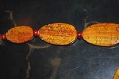 HAND CARVED COW HORN Vintage 25″ Necklace REVERSIBLE Golden Brown Oval Beads