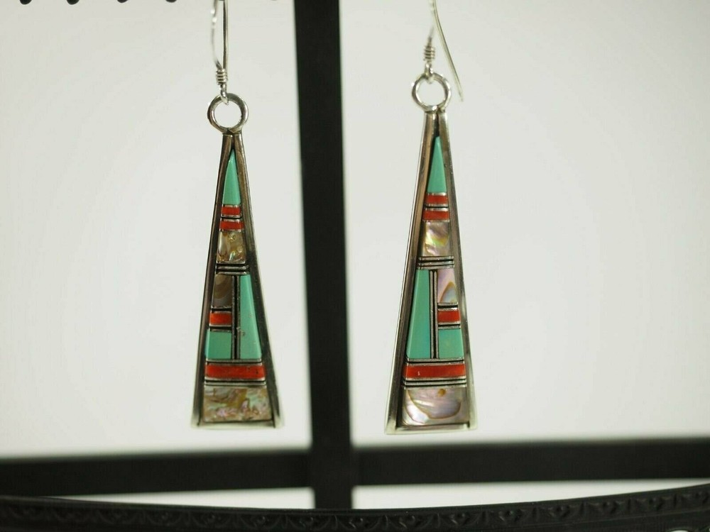 Fine 24 stone Gemstone inlaid Drop Dangle Earrings Sterling Silver Kidney Wires