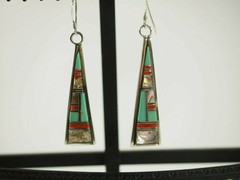 Fine 24 stone Gemstone inlaid Drop Dangle Earrings Sterling Silver Kidney Wires