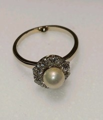 Vintage 14k White Gold White Pearl Diamond Halo Art Deco Edwardian Ring Size 6.5