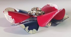 Vintage Metal Flower Brooch w White Rhinestone Center & Red Blue White Petals