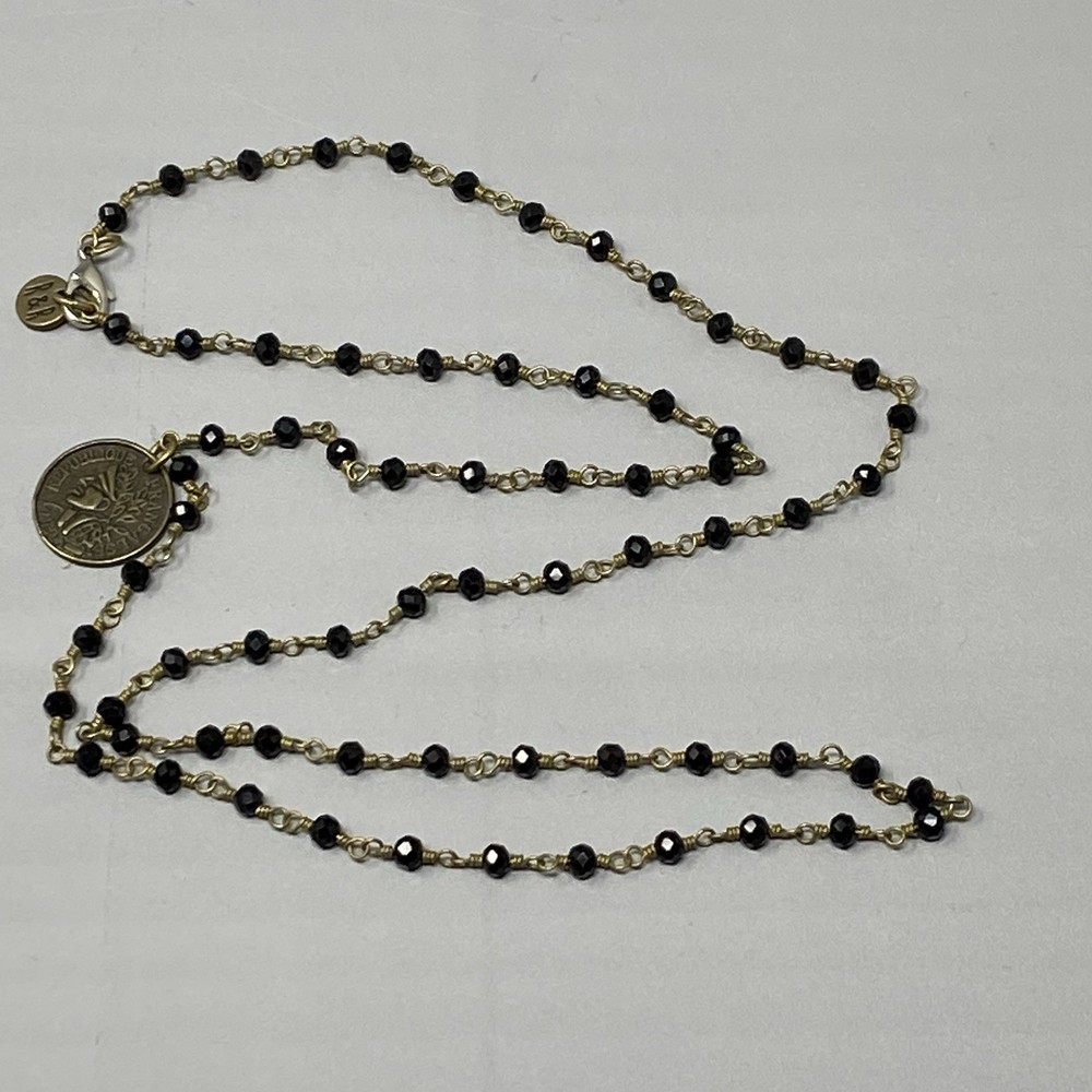 Designer Glass Bead Necklace R&R Coin Charm Chain Links Black Facet Retro 28″