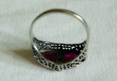 Antique Art Deco 14K ADR White Gold Synthetic Ruby Filigree Marquise Ring Sz 6.5