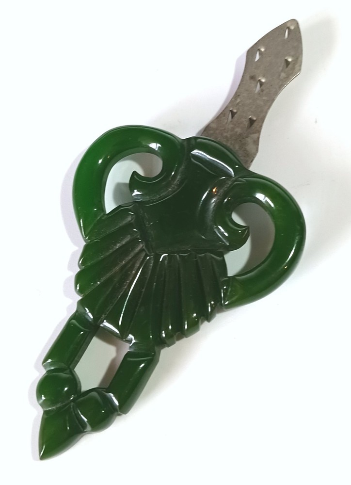 Vintage (Antique?) Carved Dark Green Bakelite Dress Fur Clip 2.5″
