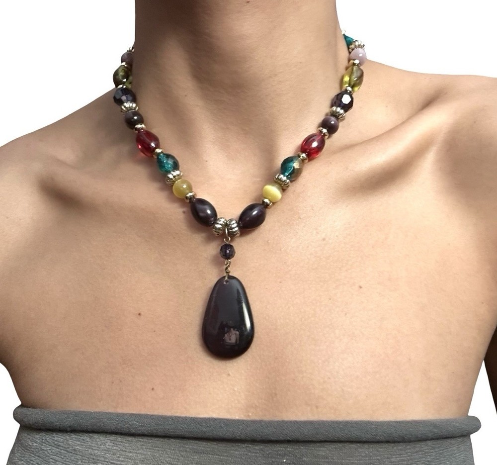 Vtg Oversized Chunky Beaded Teardrop Pendant Collar Necklace Purple Summer