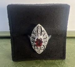 Vtg Art Deco Marquise Red Garnet & Marcasite 925 Sterling Silver 7.75 Signed CW