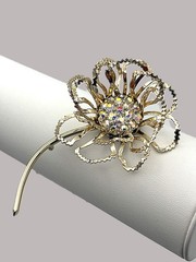 Vintage 1968 Gold Tone Floral Brooch Aurora Borealis Large Long-Stem Flower Pin