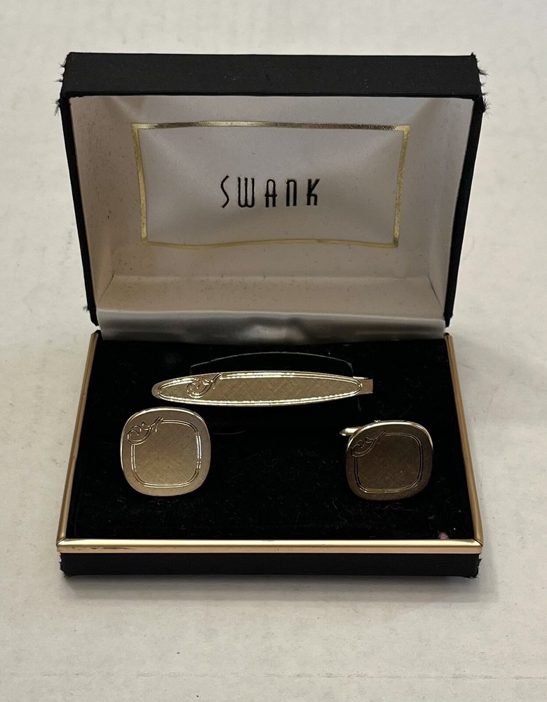Vintage Men’s Cufflinks & Tie Bar SWANK Original Box Gold Tone