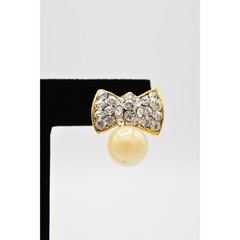 Vintage Crystal Bow Earrings Rhinestone Crystal Pearl Gold Tone 1990s 90s BinAG