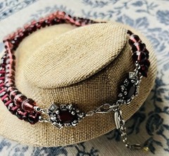 Vintage Beaded Plum Burgundy Glass Crystal Layered Silver Jeweled Clasp Necklace