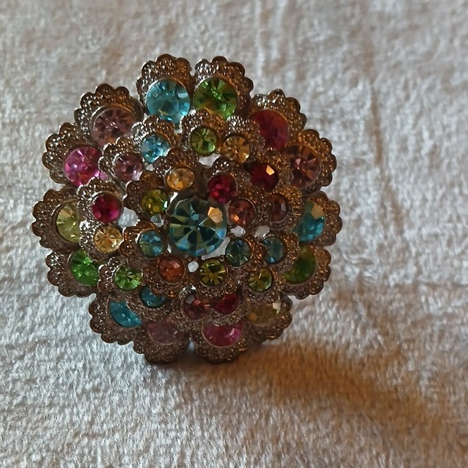 Vintage Multicolor Rhinestone Cluster Flower Cocktail Ring (re-purposed Brooch)