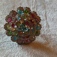 Vintage Multicolor Rhinestone Cluster Flower Cocktail Ring (re-purposed Brooch)