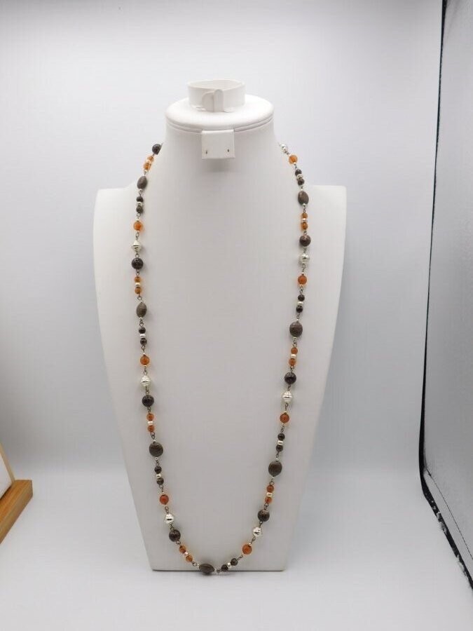 B858-VINTAGE NECKLACE~EARTHY COLORS~34″~LIGHT WEIGHT~BEADED~NO CLASP