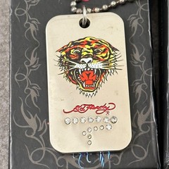 Y2K Vintage Ed Hardy Tiger Dog Tag Necklace Rhinestone Pendant Chain Set – Rare
