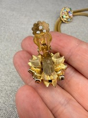Vintage Mesh Lariat Necklace Earrings Gold Tone Rhinestones Colored Stones READ