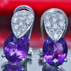 14k white gold 3.10ct amethyst diamond omega back earrings handmade 3.85gr