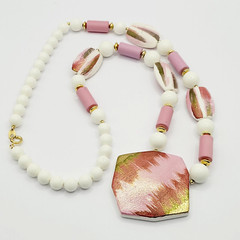 Hand Painted Porcelain Ceramic Pendant Beaded Vintage Necklace 30 Inch Japan
