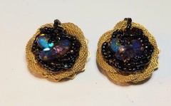 Vintage Purple AB Aurora Borealis Glass Beaded Clip Earrings In Gold Tone Mesh