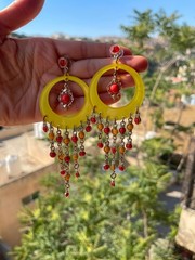 Vintage Thailand Boho Lucite Hoop Chandelier Earrings & Orange Resin Bangle Set