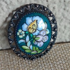 Vintage Soviet Finift Enamel Brooch Hand Painted Floral Oval Pin Filigree Frame