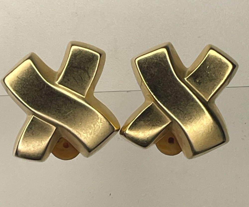 Vintage Erwin Pearl Signed Gold Tone X Motif Couture Statement Clip On Earrings