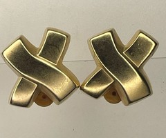 Vintage Erwin Pearl Signed Gold Tone X Motif Couture Statement Clip On Earrings