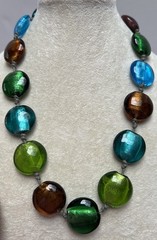 Vintage Artisan Glass Disks Double Knotted Cord Necklace Blue Green Topaz 20”