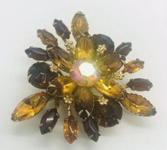 Large Beau Jewels Topaz & Amber Rhinestone Brooch 2 1/8 Inches Vintage Jewelry