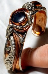 Artisan Cuff Bracelet Mixed Metals Copper Onyx Stone Slight Flex Brutalist 0198