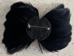 Vintage Real Guinea Bird Feather Pin Brooch Rhinestone Black White Statement