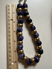 Vintage Chunky Bead Necklace Purple Stone Gold Tone Choker Heavy 15-16”