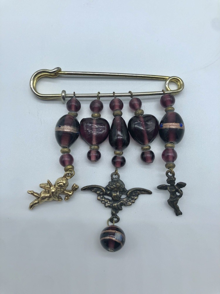 Vintage Charm Holder Safety Pin Brooch Dangling Purple Beaded Hearts Cupid Angel