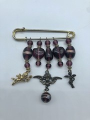 Vintage Charm Holder Safety Pin Brooch Dangling Purple Beaded Hearts Cupid Angel