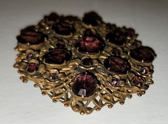 Vintage Oval Floral Brooch Magenta Purple Rhinestone Mid Century Gold Tone Metal