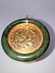 Vintage 53mm Round Dark Green Jade Pendant With Gold Dragon & Artistic Scrolls