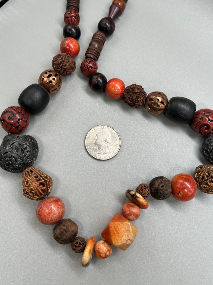Vintage wood, plastic and gold tone shades of browns beaded Necklace 23″