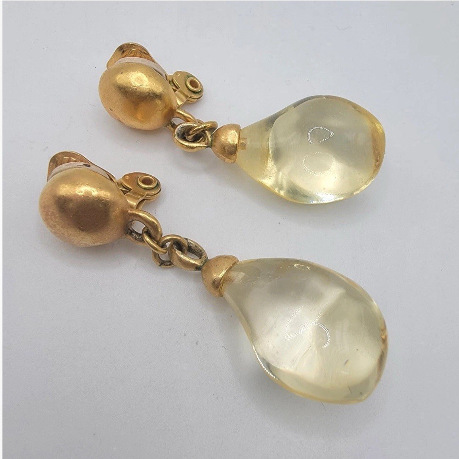 VINTAGE JEWELRY 1960s Boho Clear Resin And Gold Tone Drop Dangle Earrings