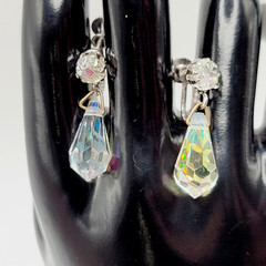 Vintage AB Crystal Faceted Teardrop Prism Drop Dangle Fancy Screw Back Earrings