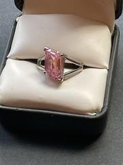 Vintage Sterling Silver 925 Ring Pink Faceted Glass size 5.5 signed KC