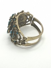 Victorian Style Filigree Cuff Bracelet Wide Blue Rhinestone Faux Turquoise