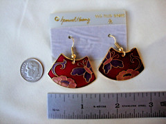 VINTAGE SAMUEL HUANG CLOISONNE BUTTERFLY FLORAL FAN PINK PURPLE & RED EARRINGS
