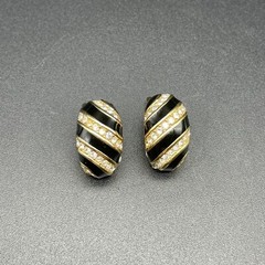 Vtg Christian Dior Black Enamel Crystal Pave Clip Earrings Gold Tone Swirl 80’s