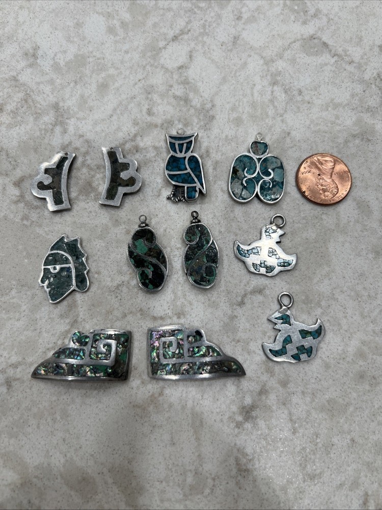 Lot Of 11 Vintage Native American Turquoise & Sterling Silver Charms Pendants