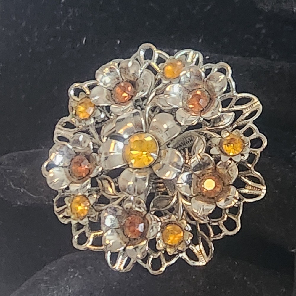 Vintage Silver Tone Amber Rhinestone Floral Filigree Brooch Pin Topaz Color