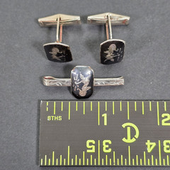 VINTAGE SIAM STERLING SILVER NIELLO TIE BAR & CUFFLINKS SET GODDESS DANCERS 925