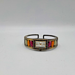 “Vintage” Quartz Spring, Ladies Gold Tone Jeweled Cuff Bracelet Analog Watch.